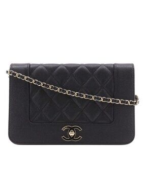 Chanel Mademoiselle Quilted Caviar Leather Black Chain Wallet Shoulder